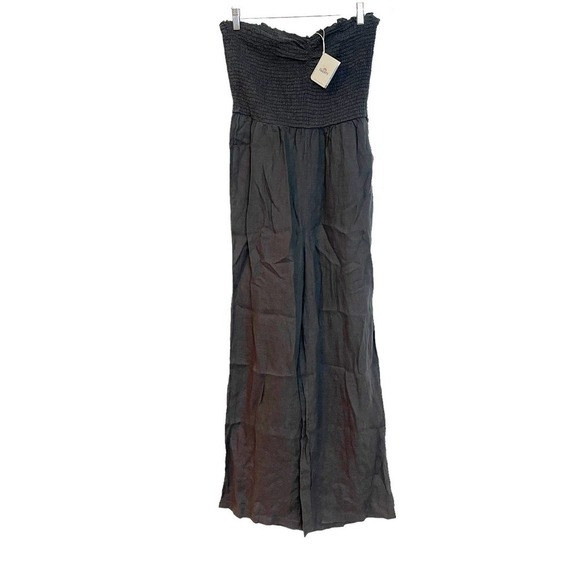 FAHERTY WOMEN GRAY MANDY LINEN SMOCKED WIDE LEG JUMPSUIT SIZE L NWT - Picture 8 of 13